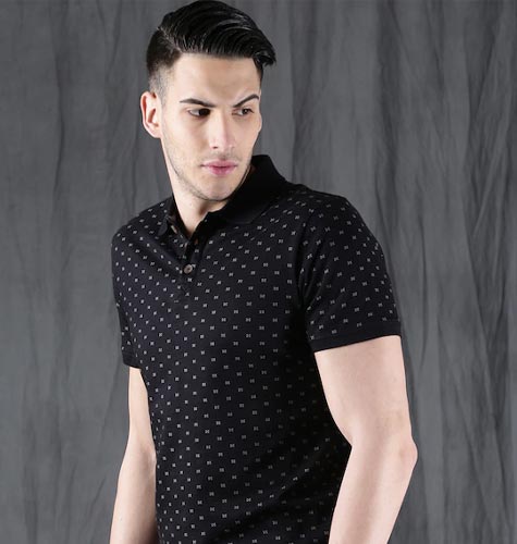 Men Black Printed Polo Collar T-shirt
